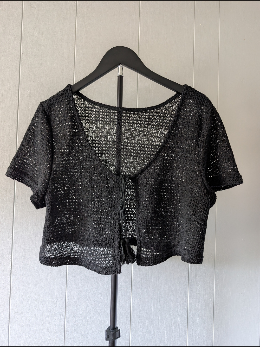 Black Cropped Open Knit Tie-Front Cardigan
